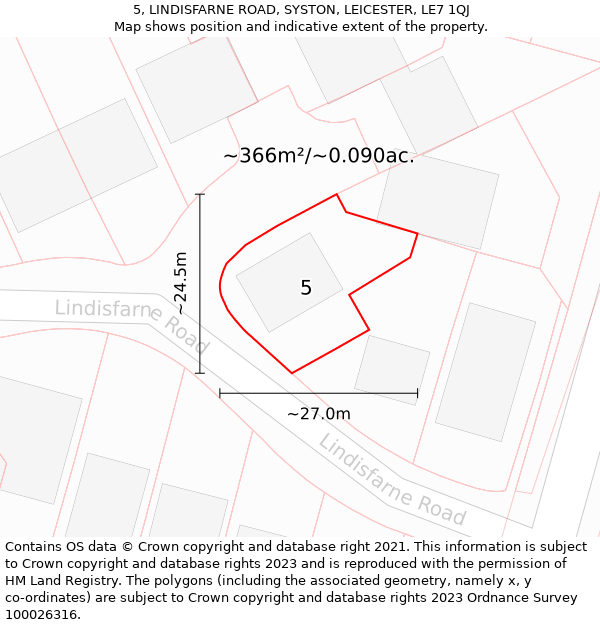 5, LINDISFARNE ROAD, SYSTON, LEICESTER, LE7 1QJ: Plot and title map