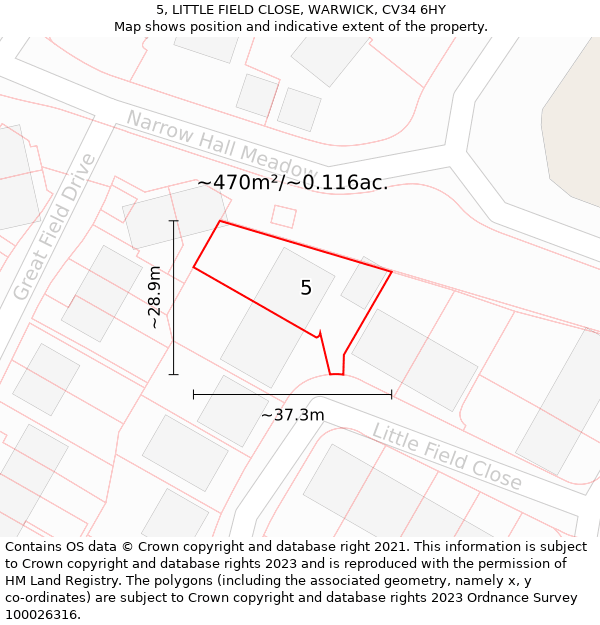 5, LITTLE FIELD CLOSE, WARWICK, CV34 6HY: Plot and title map