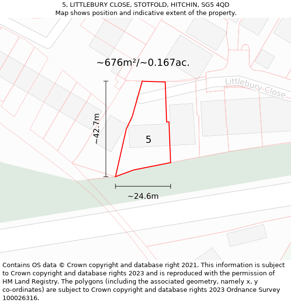 5, LITTLEBURY CLOSE, STOTFOLD, HITCHIN, SG5 4QD: Plot and title map