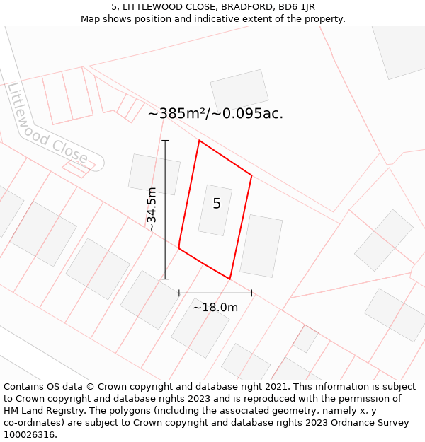 5, LITTLEWOOD CLOSE, BRADFORD, BD6 1JR: Plot and title map