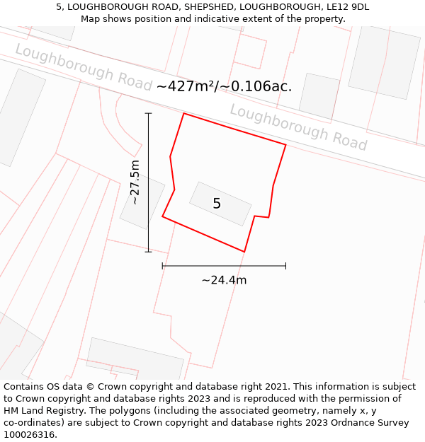 5, LOUGHBOROUGH ROAD, SHEPSHED, LOUGHBOROUGH, LE12 9DL: Plot and title map