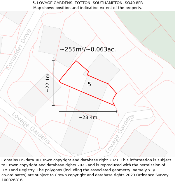 5, LOVAGE GARDENS, TOTTON, SOUTHAMPTON, SO40 8FR: Plot and title map