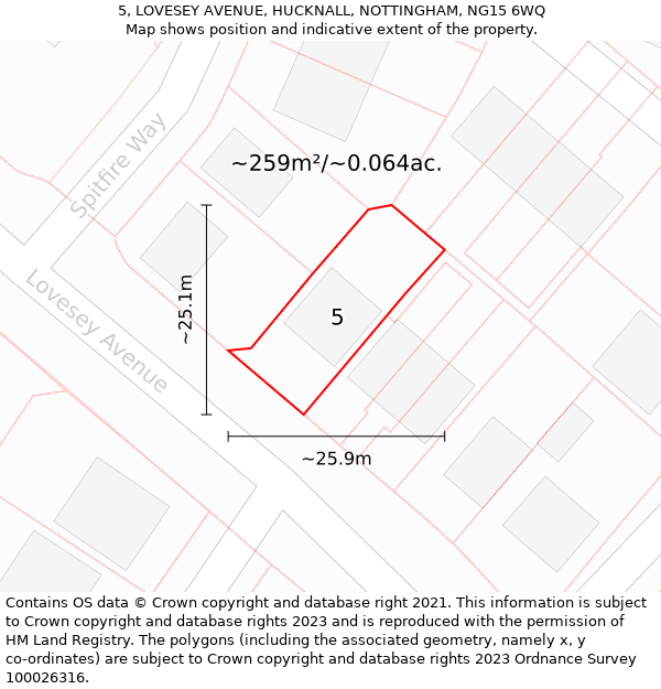 5, LOVESEY AVENUE, HUCKNALL, NOTTINGHAM, NG15 6WQ: Plot and title map