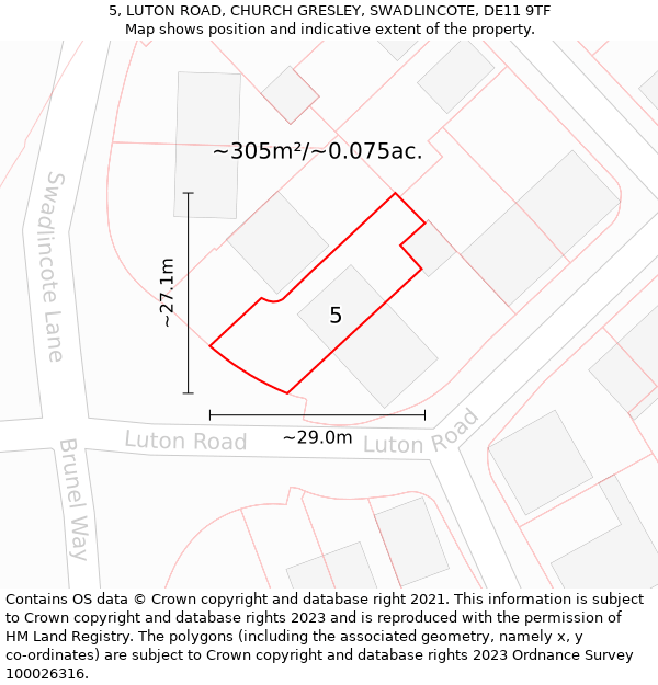 5, LUTON ROAD, CHURCH GRESLEY, SWADLINCOTE, DE11 9TF: Plot and title map