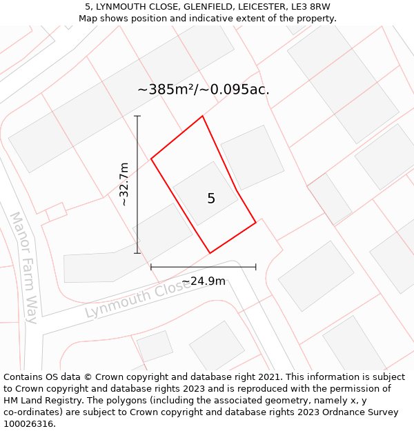 5, LYNMOUTH CLOSE, GLENFIELD, LEICESTER, LE3 8RW: Plot and title map