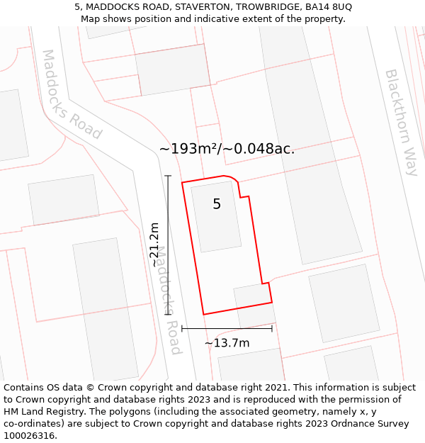 5, MADDOCKS ROAD, STAVERTON, TROWBRIDGE, BA14 8UQ: Plot and title map