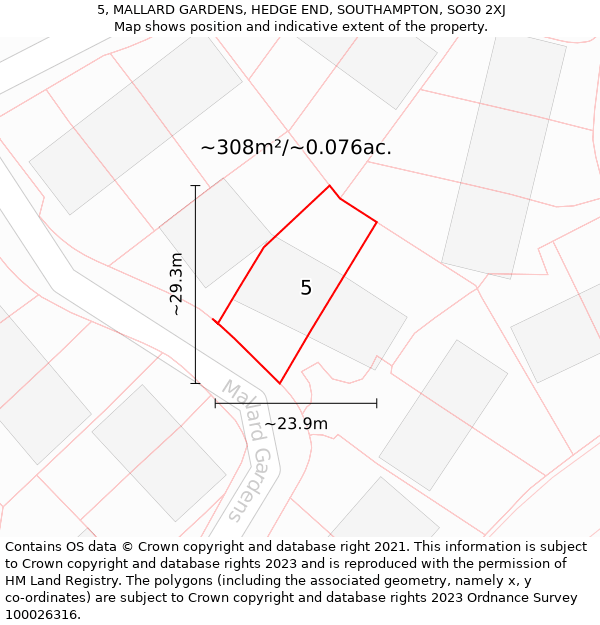 5, MALLARD GARDENS, HEDGE END, SOUTHAMPTON, SO30 2XJ: Plot and title map