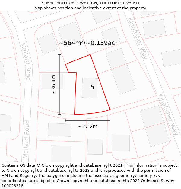 5, MALLARD ROAD, WATTON, THETFORD, IP25 6TT: Plot and title map