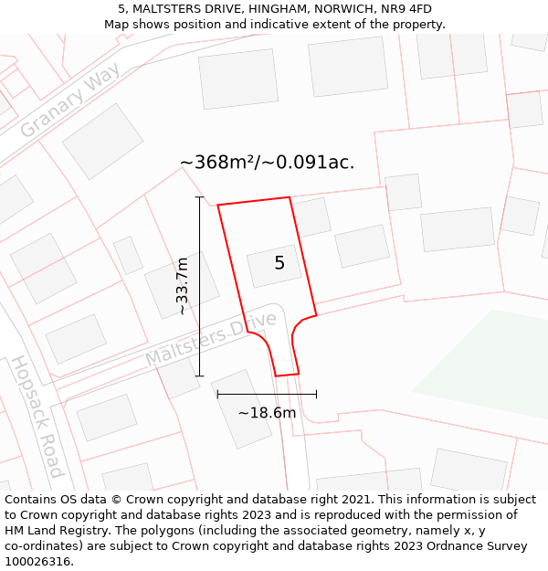 5, MALTSTERS DRIVE, HINGHAM, NORWICH, NR9 4FD: Plot and title map