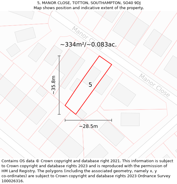 5, MANOR CLOSE, TOTTON, SOUTHAMPTON, SO40 9DJ: Plot and title map