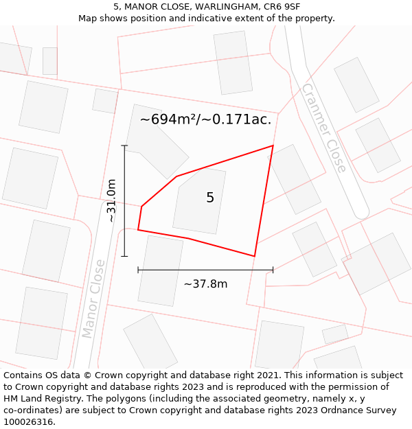 5, MANOR CLOSE, WARLINGHAM, CR6 9SF: Plot and title map