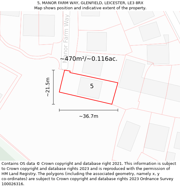 5, MANOR FARM WAY, GLENFIELD, LEICESTER, LE3 8RX: Plot and title map