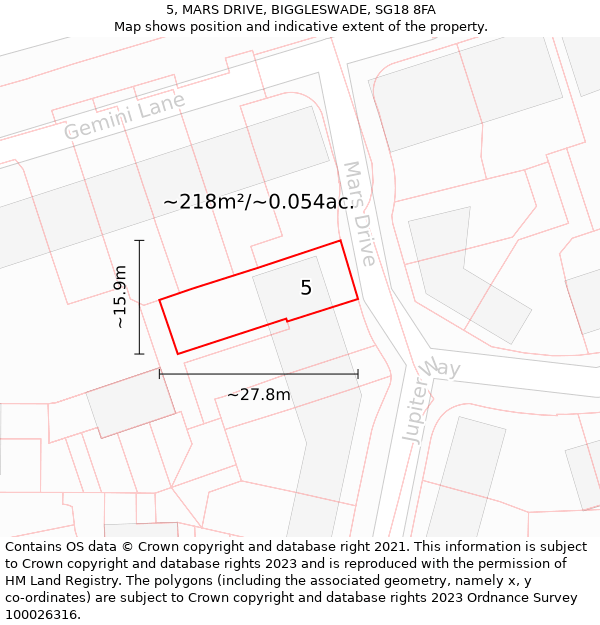 5, MARS DRIVE, BIGGLESWADE, SG18 8FA: Plot and title map