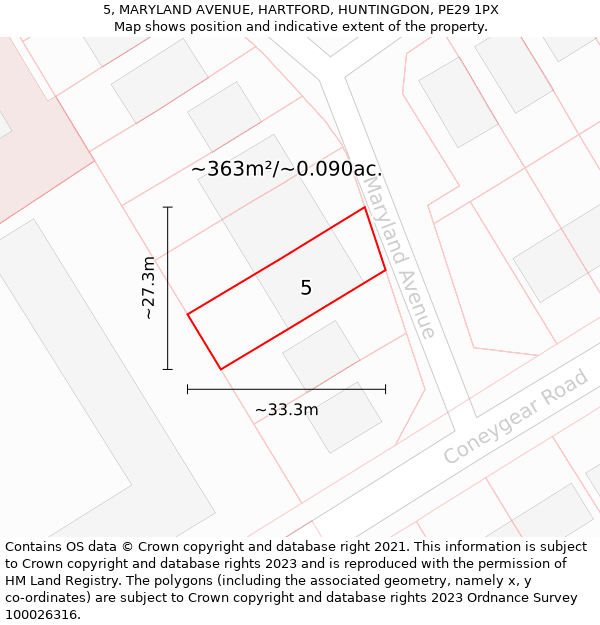 5, MARYLAND AVENUE, HARTFORD, HUNTINGDON, PE29 1PX: Plot and title map