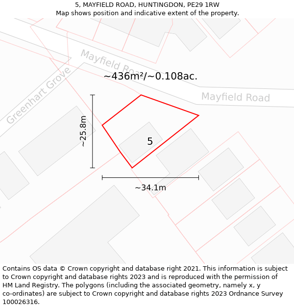 5, MAYFIELD ROAD, HUNTINGDON, PE29 1RW: Plot and title map