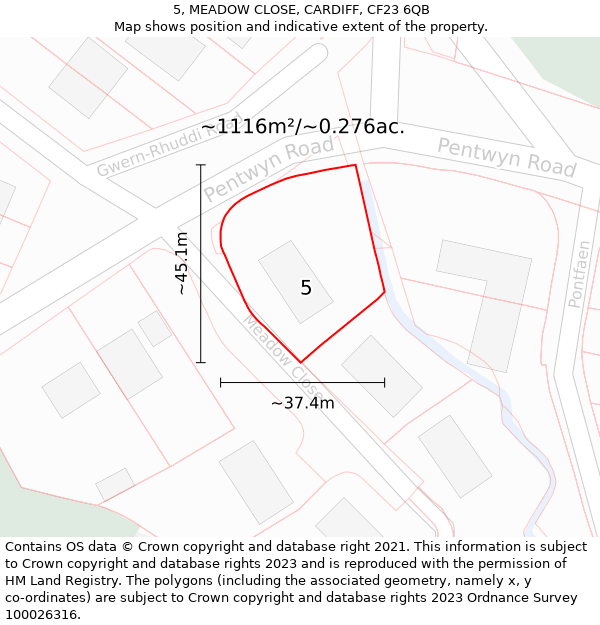 5, MEADOW CLOSE, CARDIFF, CF23 6QB: Plot and title map