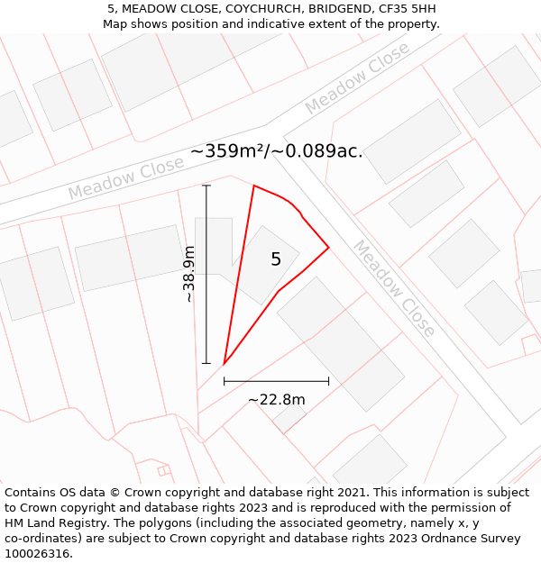 5, MEADOW CLOSE, COYCHURCH, BRIDGEND, CF35 5HH: Plot and title map