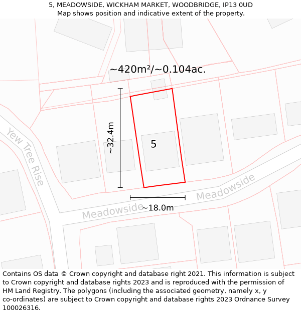 5, MEADOWSIDE, WICKHAM MARKET, WOODBRIDGE, IP13 0UD: Plot and title map
