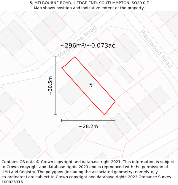 5, MELBOURNE ROAD, HEDGE END, SOUTHAMPTON, SO30 0JE: Plot and title map