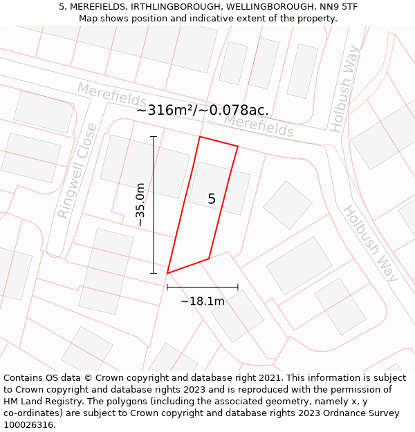 5, MEREFIELDS, IRTHLINGBOROUGH, WELLINGBOROUGH, NN9 5TF: Plot and title map