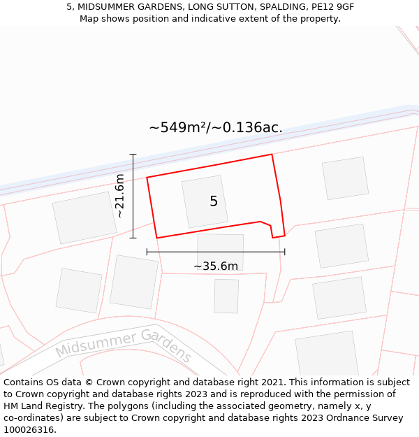 5, MIDSUMMER GARDENS, LONG SUTTON, SPALDING, PE12 9GF: Plot and title map