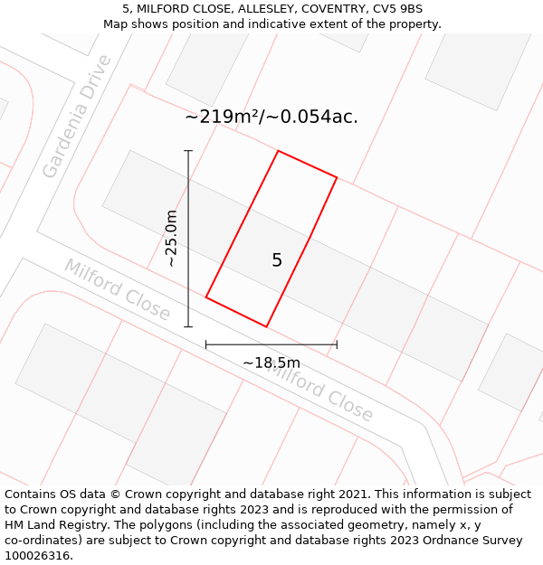 5, MILFORD CLOSE, ALLESLEY, COVENTRY, CV5 9BS: Plot and title map