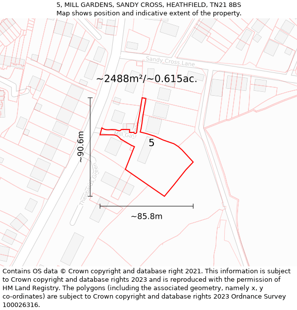 5, MILL GARDENS, SANDY CROSS, HEATHFIELD, TN21 8BS: Plot and title map