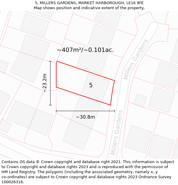 5, MILLERS GARDENS, MARKET HARBOROUGH, LE16 9FE: Plot and title map