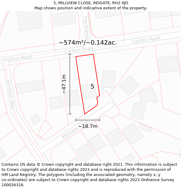 5, MILLVIEW CLOSE, REIGATE, RH2 0JD: Plot and title map