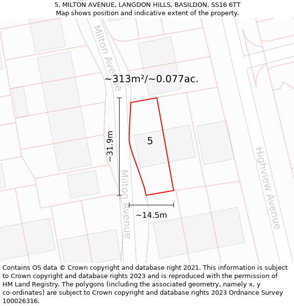 5, MILTON AVENUE, LANGDON HILLS, BASILDON, SS16 6TT: Plot and title map