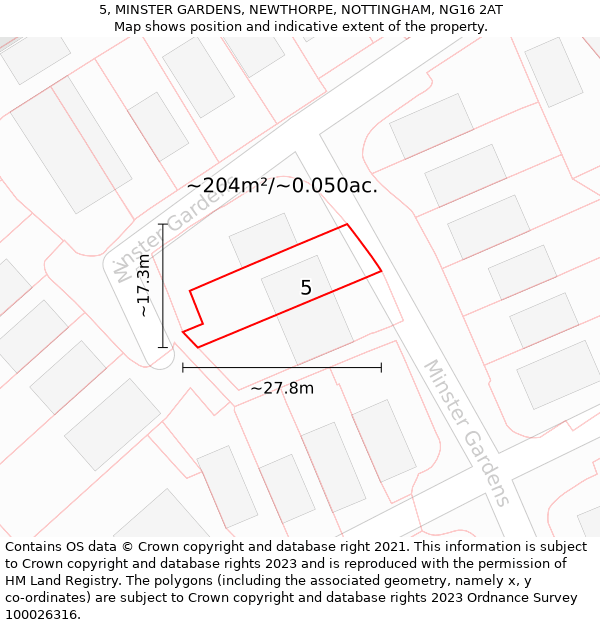 5, MINSTER GARDENS, NEWTHORPE, NOTTINGHAM, NG16 2AT: Plot and title map