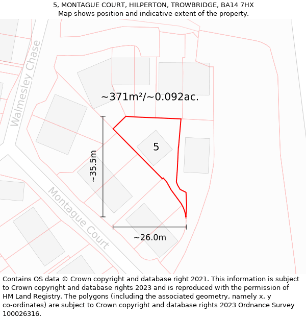 5, MONTAGUE COURT, HILPERTON, TROWBRIDGE, BA14 7HX: Plot and title map