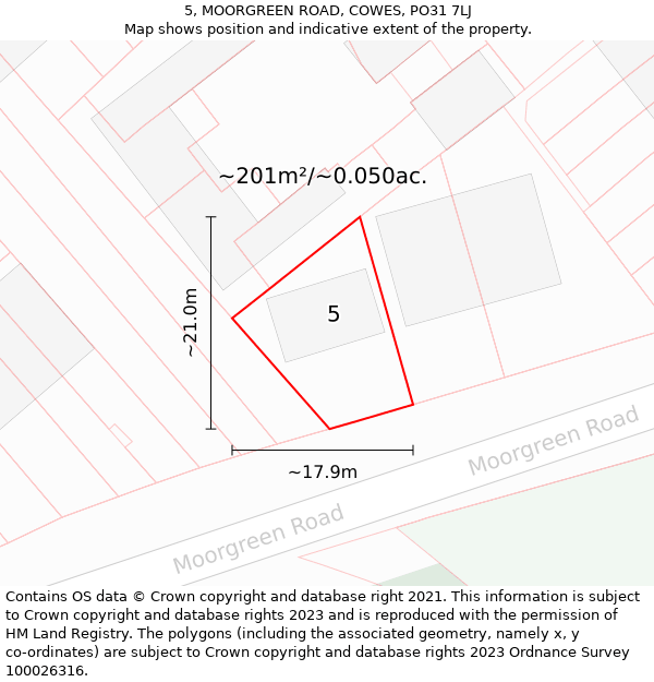 5, MOORGREEN ROAD, COWES, PO31 7LJ: Plot and title map