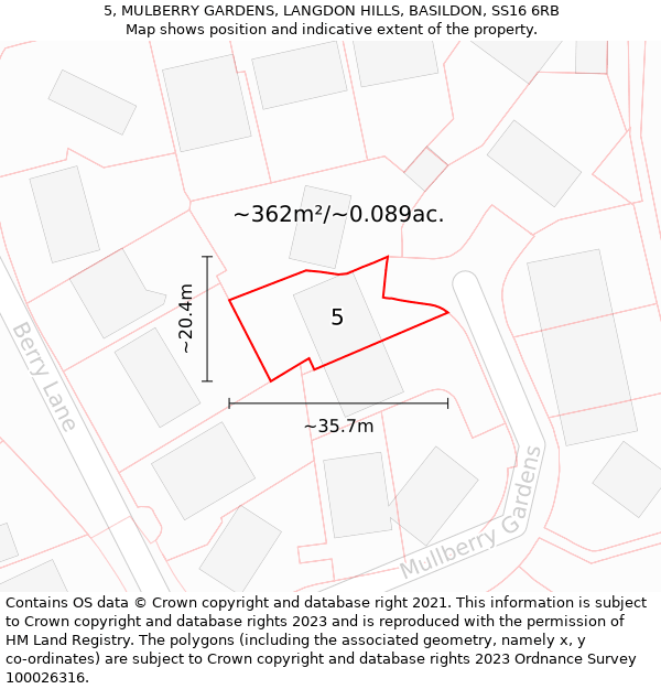 5, MULBERRY GARDENS, LANGDON HILLS, BASILDON, SS16 6RB: Plot and title map