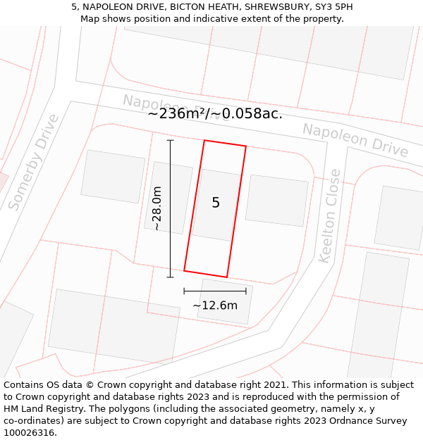 5, NAPOLEON DRIVE, BICTON HEATH, SHREWSBURY, SY3 5PH: Plot and title map