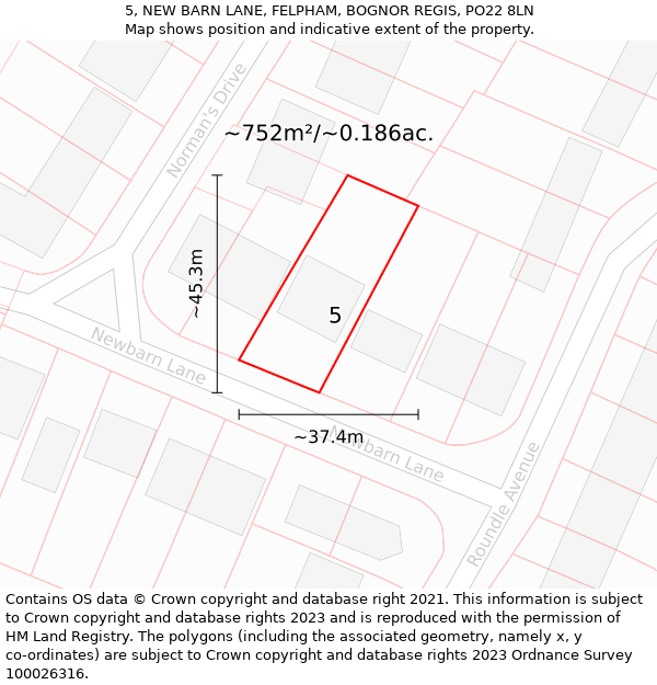 5, NEW BARN LANE, FELPHAM, BOGNOR REGIS, PO22 8LN: Plot and title map