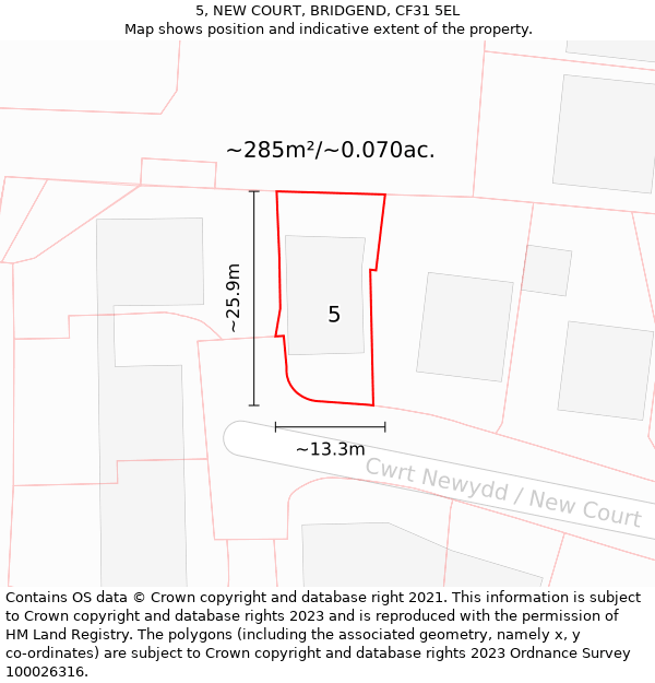 5, NEW COURT, BRIDGEND, CF31 5EL: Plot and title map