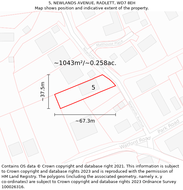 5, NEWLANDS AVENUE, RADLETT, WD7 8EH: Plot and title map