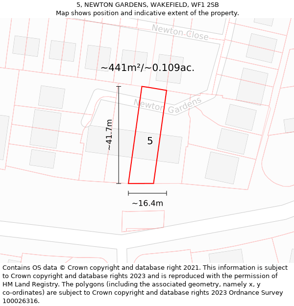 5, NEWTON GARDENS, WAKEFIELD, WF1 2SB: Plot and title map