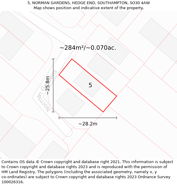 5, NORMAN GARDENS, HEDGE END, SOUTHAMPTON, SO30 4AW: Plot and title map