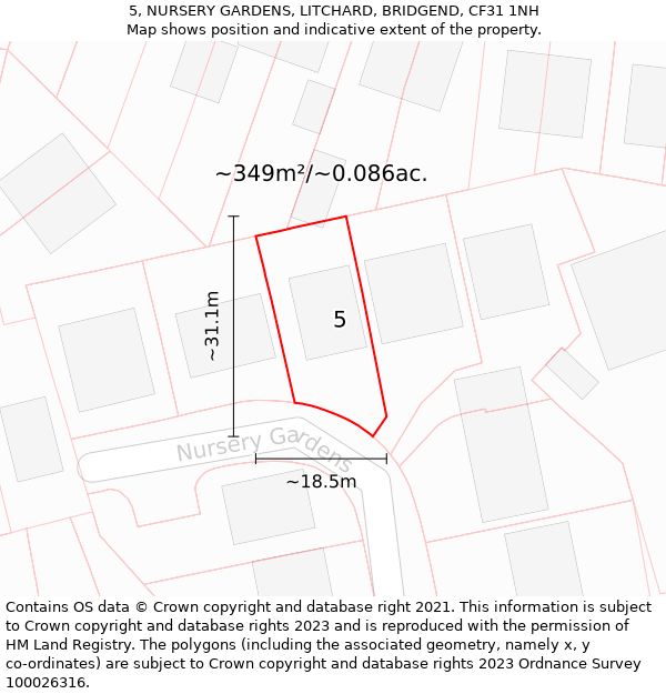 5, NURSERY GARDENS, LITCHARD, BRIDGEND, CF31 1NH: Plot and title map