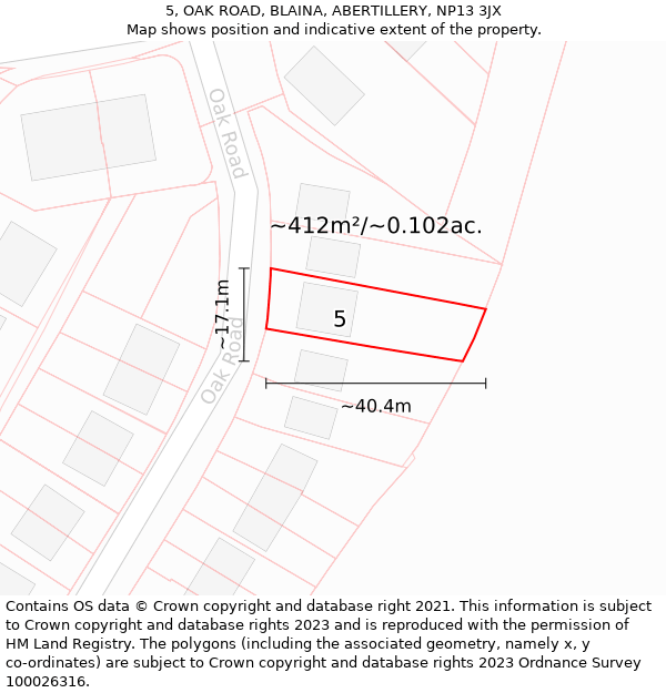 5, OAK ROAD, BLAINA, ABERTILLERY, NP13 3JX: Plot and title map