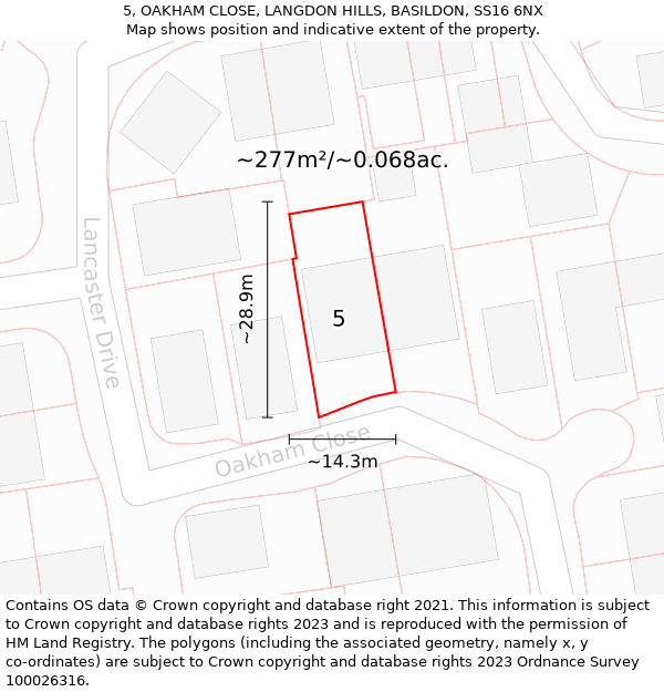 5, OAKHAM CLOSE, LANGDON HILLS, BASILDON, SS16 6NX: Plot and title map