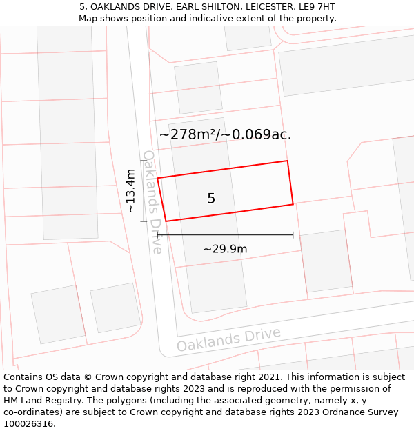 5, OAKLANDS DRIVE, EARL SHILTON, LEICESTER, LE9 7HT: Plot and title map