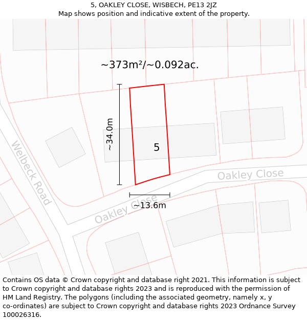 5, OAKLEY CLOSE, WISBECH, PE13 2JZ: Plot and title map