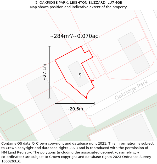 5, OAKRIDGE PARK, LEIGHTON BUZZARD, LU7 4GB: Plot and title map