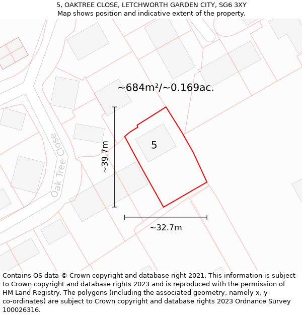 5, OAKTREE CLOSE, LETCHWORTH GARDEN CITY, SG6 3XY: Plot and title map