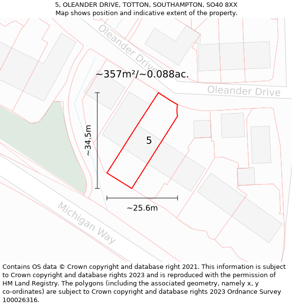 5, OLEANDER DRIVE, TOTTON, SOUTHAMPTON, SO40 8XX: Plot and title map