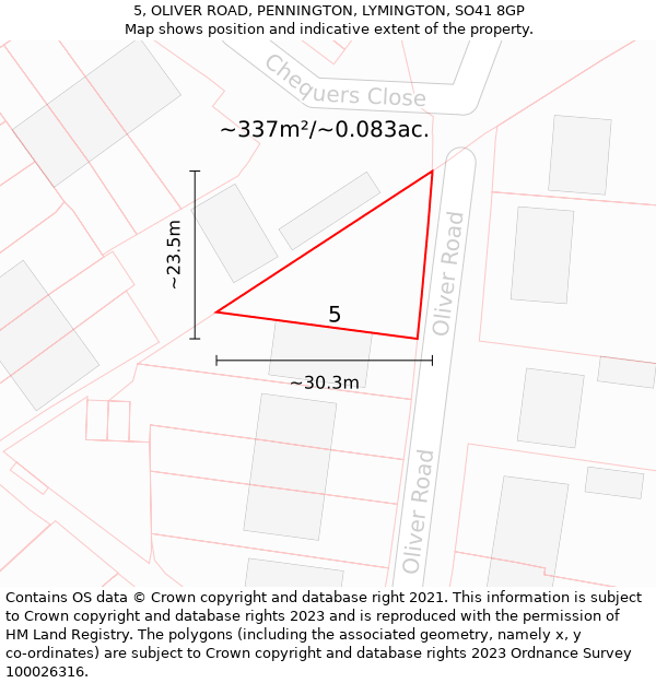 5, OLIVER ROAD, PENNINGTON, LYMINGTON, SO41 8GP: Plot and title map