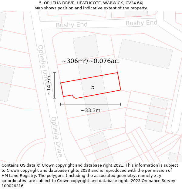 5, OPHELIA DRIVE, HEATHCOTE, WARWICK, CV34 6XJ: Plot and title map